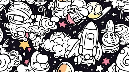 Fototapeta premium A seamless doodle pattern featuring a vibrant space scene filled with rockets, planets, shooting stars, and comets, arranged in a dynamic, swirling layout. Bold lines and colorful design style,