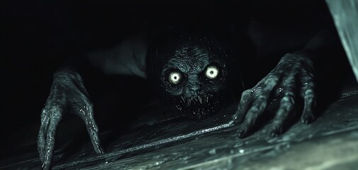 A creepy monster with glowing eyes emerges from the darkness, peering at the viewer with an unsettling expression.
