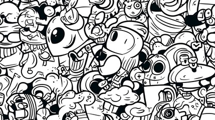 A seamless doodle pattern featuring a vibrant steampunk adventure scene filled with gears, clocks, steam-powered vehicles, vintage goggles, and brass pipes, all arranged in a dynamic, flowing design.