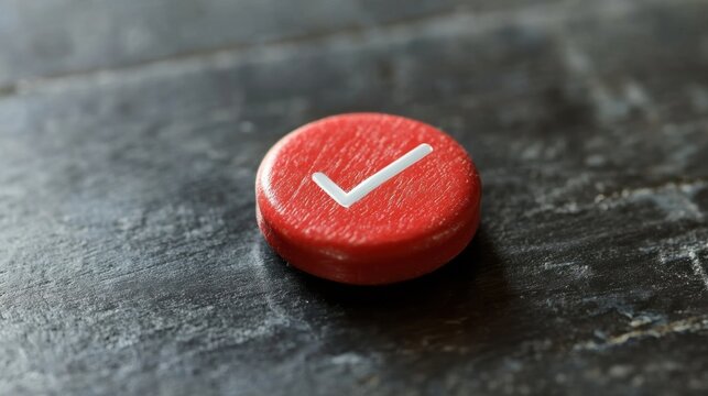 A vibrant red check mark token resting on a textured wooden surface, symbolizing accomplishment and approval in a creative workspace setting - Powered by Adobe
