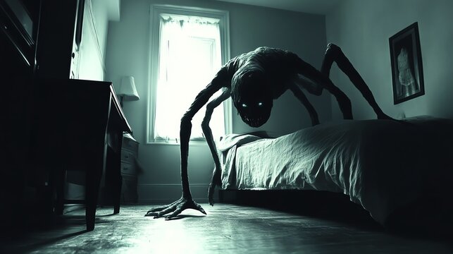 A terrifying figure with long limbs stands over a bed in a dimly lit room.