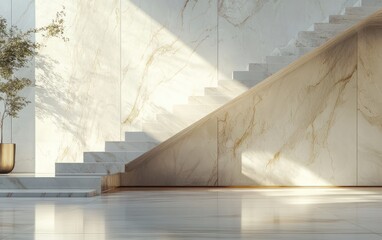 Close-up view of a modern living room corner featuring an impressive marble wall and stylish staircase, focusing on the textures and details of the marble.