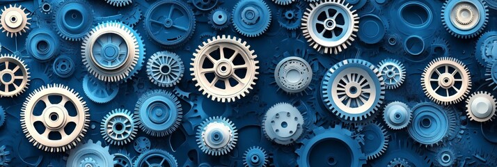 Blue Metallic Gears Background, Industrial Machine Parts, Teamwork Concept. 3D Render.