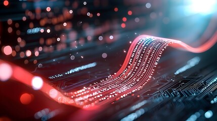 Glowing red data stream with particles moving across a dark futuristic tech banner showcasing the dynamic flow of digital information in a high tech setting with a split complementary color scheme