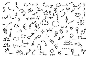 Doodle arrow set, cute heart, arrow, star, sparkle decoration symbol set icon. Simple sketch line. White background