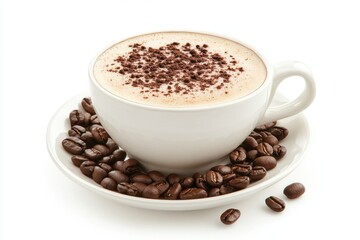 Fototapeta premium A white ceramic cup filled with frothy cappuccino, sprinkled with chocolate powder on top