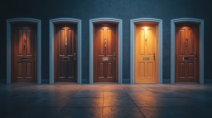 Fototapeta premium Five unique wooden doors illuminated softly in a dimly lit corridor inviting curiosity and exploration at twilight
