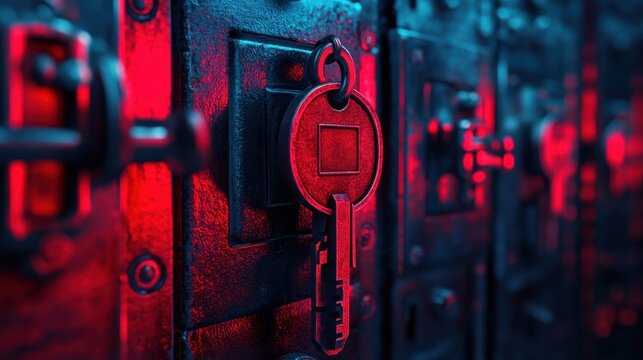 A mysterious key hangs from a weathered lock, bathed in eerie red and blue light, hinting at secrets concealed in an old vault