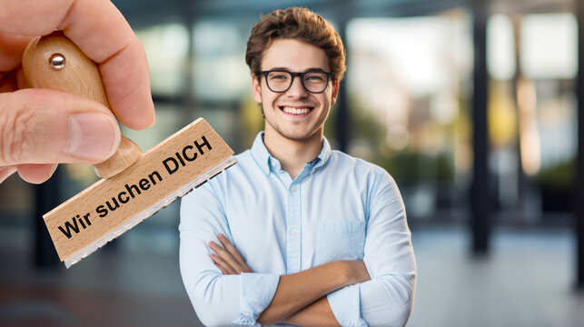 Ein Holzstempel ist beschriftet mit dem Aufdruck: Wir suchen DICH &uuml;ber dem Bild eines Studenten - FOTOMONTAGE
