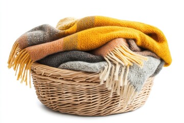 Obraz premium A wicker basket overflows with neatly folded cozy blankets in various shades of orange, yellow