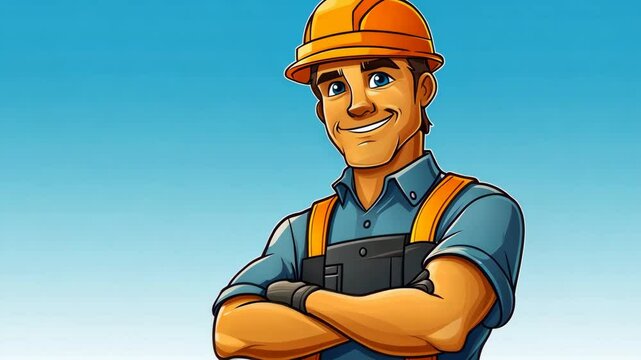 A cartoon construction worker smiles against a blue sky