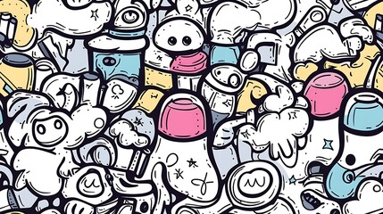 A seamless doodle pattern of a colorful science lab, featuring beakers, test tubes, microscopes, chemical symbols, and atom models arranged in a lively and balanced layout.