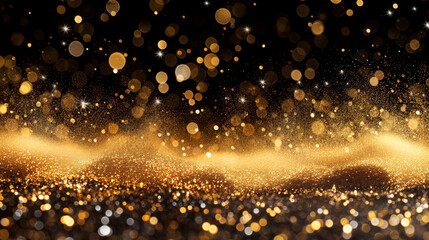 Sparkling golden glitter glints bokeh with a black magical festive background