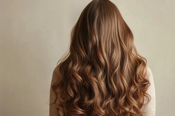 Fototapeta premium A woman with long, flowing curly brown hair is seen from the back. Her hair cascades in perfect