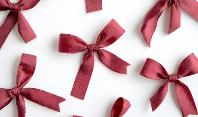 Collection of elegant red satin bows with ribbons on a white backdrop, Generative AI