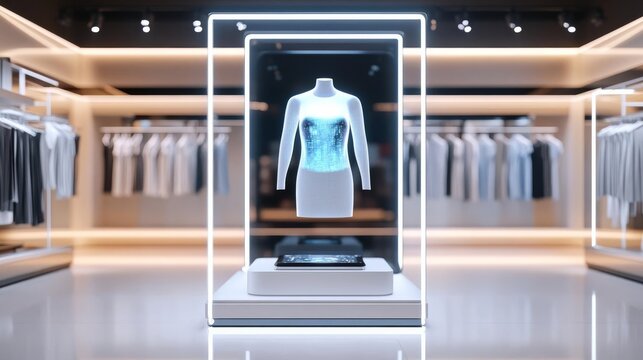 AI in retail, virtual fitting room, hologram clothing, modern store setting