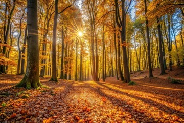 Obraz premium Sunlit forest with autumn leaves scattered on the ground