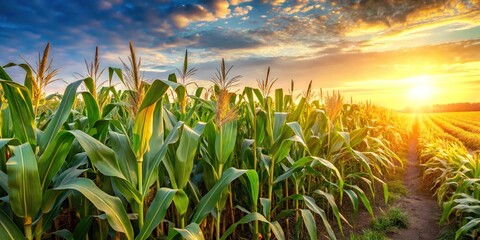 Fototapeta premium Sunlit corn field at sunrise for harvesting
