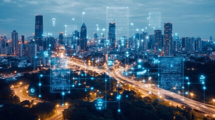 Fototapeta premium Artificial Intelligence Enhancing Digitalization in Urban Development, Streamlining Paperwork, Optimizing Transportation Systems, and Making Cities Smarter with Advanced Technology Solutions.