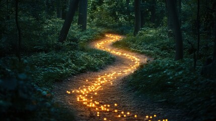 Obraz premium A magical winding path illuminated by glowing lanterns in a serene forest at twilight