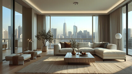 Fototapeta premium The photo shows a modern living room with a large windows, comfortable sofas and a coffee table