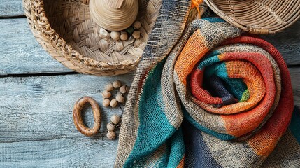 Knitted woolen sweaters in pastel colors are stacked to create a cozy winter autumn vibe with a cup of coffee nearby on a wooden background showcasing a fashionable style with copy space image