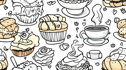 A seamless doodle pattern of a cozy vintage bakery, featuring various pastries like eclairs, tarts, croissants, muffins, and delicate teacups with steam swirling above.