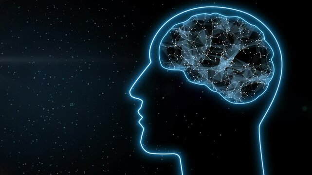 A detailed visualization of a human head with a glowing brain, symbolizing creative thinking and cognitive processes on a black background. A futuristic concept of intelligence and innovation. Alpha