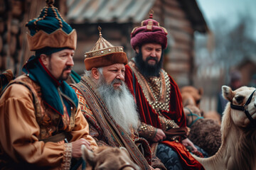 Obraz premium The Three Wise Men on a Camel Traveling Under the Star to Bethlehem Bearing Gifts of Gold, Incense, and Myrrh