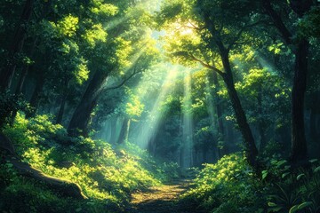 Obraz premium Sunbeams illuminate a path through a lush, green forest.