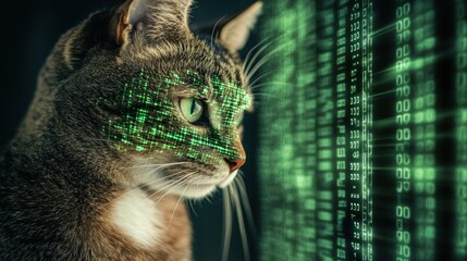 A curious cat explores a digital landscape as binary code reflects in its eyes during a futuristic night setting