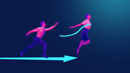 Successful young businesswoman winning race, crossing finish line, celebrating victory. Assistance of colleague. Competition and the race to success. Conceptual design. Concept of business, promotion