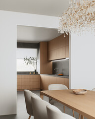 The modern minimalist dining room has elegant lighting and a chic atmosphere for any occasion