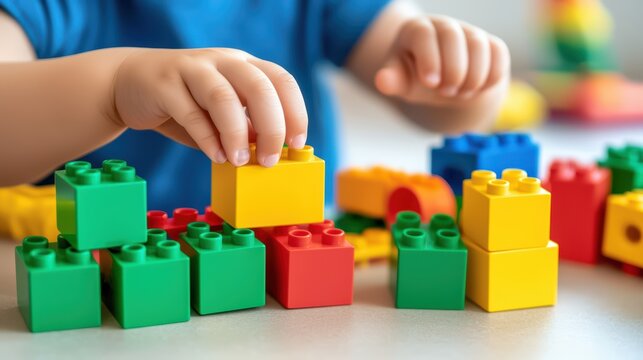 Child building with colorful plastic blocks, fostering creativity and fine motor skills on a bright table.