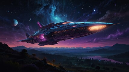 Obraz premium A futuristic spaceship flies over a mountainous landscape with a nebula in the sky.