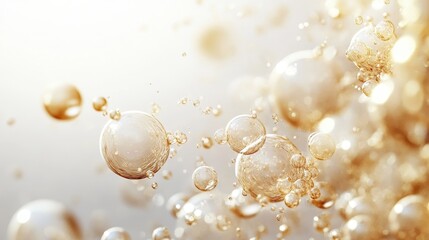 Fototapeta premium Minimalistic Design with Gold Bubbles on White Background, Soft Lighting and Depth of Field Creating a High-End, Elegant Aesthetic with Exquisite Details