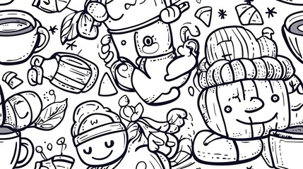 Fototapeta premium A seamless doodle pattern of a cozy winter, featuring warm mittens, knit sweaters, hot chocolate mugs, woolen hats, and scarves arranged in a lively and balanced layout.