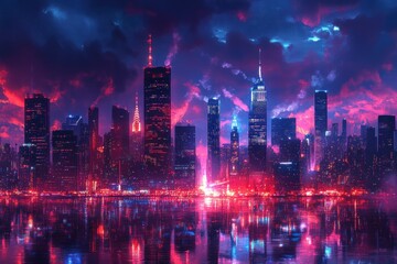 Obraz premium A vibrant cityscape at night with a dramatic sky and reflections in the water.