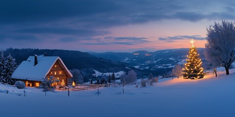Fototapeta premium a christmas tree with candles stands in the snow next to a lonely romantically lit hut in mountains