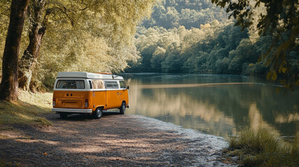 Embrace Nature: Scenic View of a Vintage Yellow VW Camper Van by a Serene Lake Surrounded by Lush Greenery in Autumn Splendor