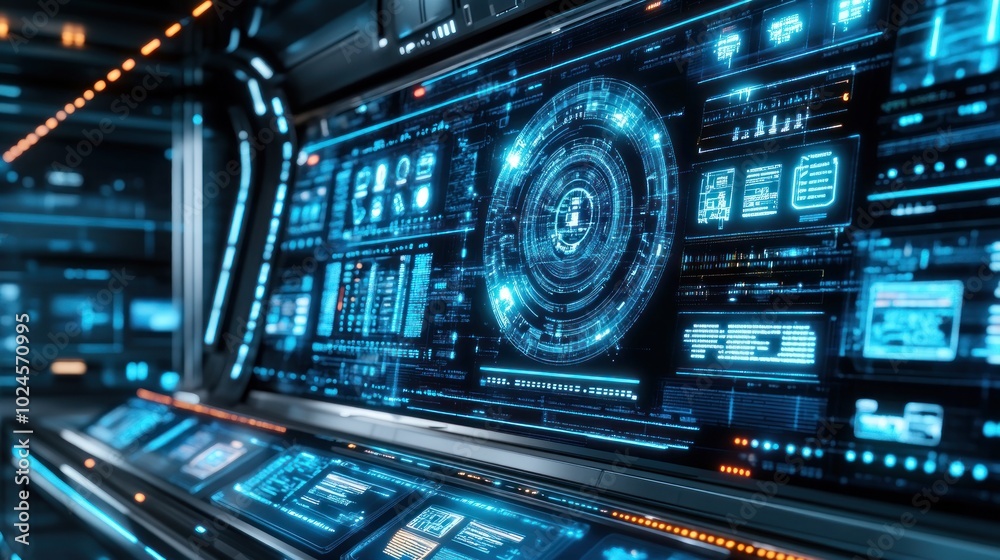 Poster futuristic control panel with glowing blue interfaces
