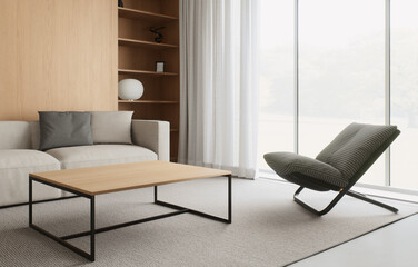 A minimalist living room designed to maximize natural light and stylish, neutral tones