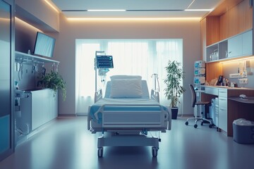 a room in a hospital clinic with a bed and some medical equipment