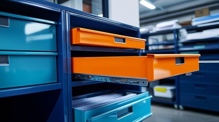 Open blue orange drawers of filing cabinets for storing data, archives and documents in an office setting..