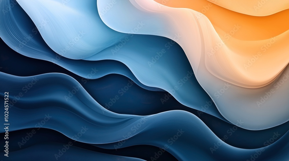 Poster Abstract fluid wave pattern in blue and orange tones, featuring layered smooth lines and gradients creating a dynamic motion effect.