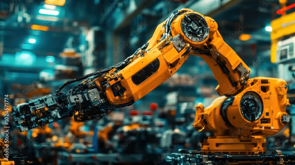 Poster close-up of a yellow industrial robot arm in a factory