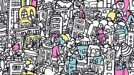 Obraz premium A seamless doodle pattern of a vibrant metropolis, featuring skyscrapers, street performers, bicycles, and taxis, interwoven with pedestrians and streetlights.