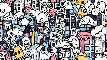 Obraz premium A seamless doodle pattern of a vibrant metropolis, featuring skyscrapers, street performers, bicycles, and taxis, interwoven with pedestrians and streetlights.