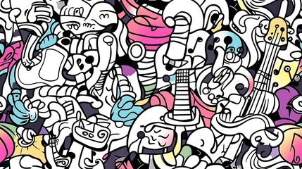 A seamless doodle pattern of a vibrant music festival, featuring electric guitars, drum kits, microphones, and abstract music note motifs in a swirling, energetic layout.