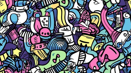 A seamless doodle pattern of a vibrant music festival, featuring electric guitars, drum kits, microphones, and abstract music note motifs in a swirling, energetic layout.